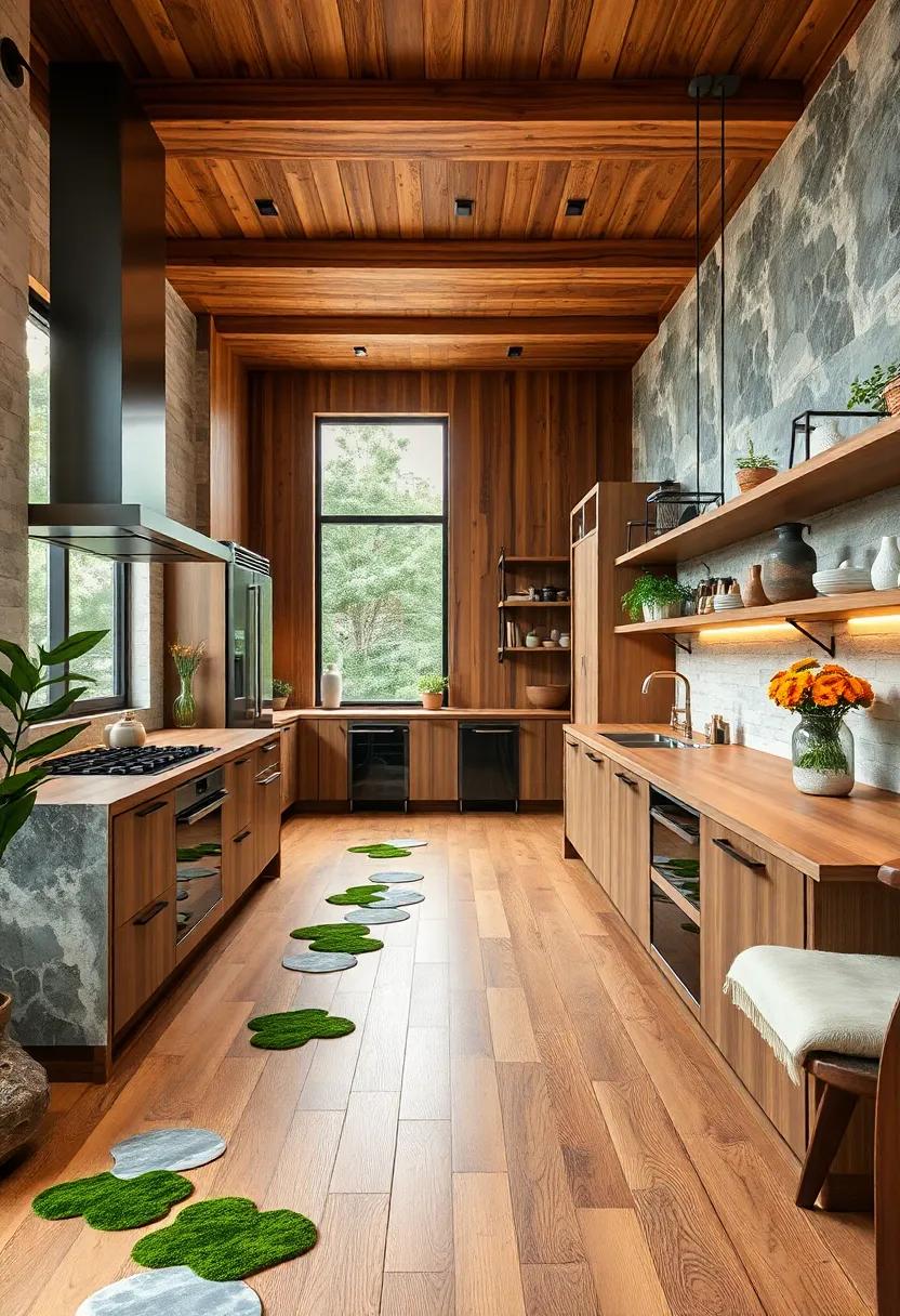 Natural Wood Flooring Intertwined with Puzzle-Like Stone Insets and Mossy Corners
