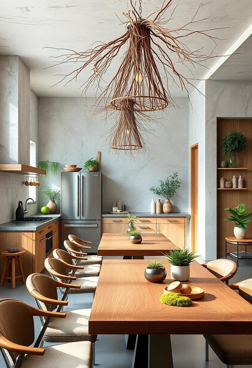 Natural Twig Chandeliers Casting Shadows Over Smooth Wooden Tabletops and Mossy Accents