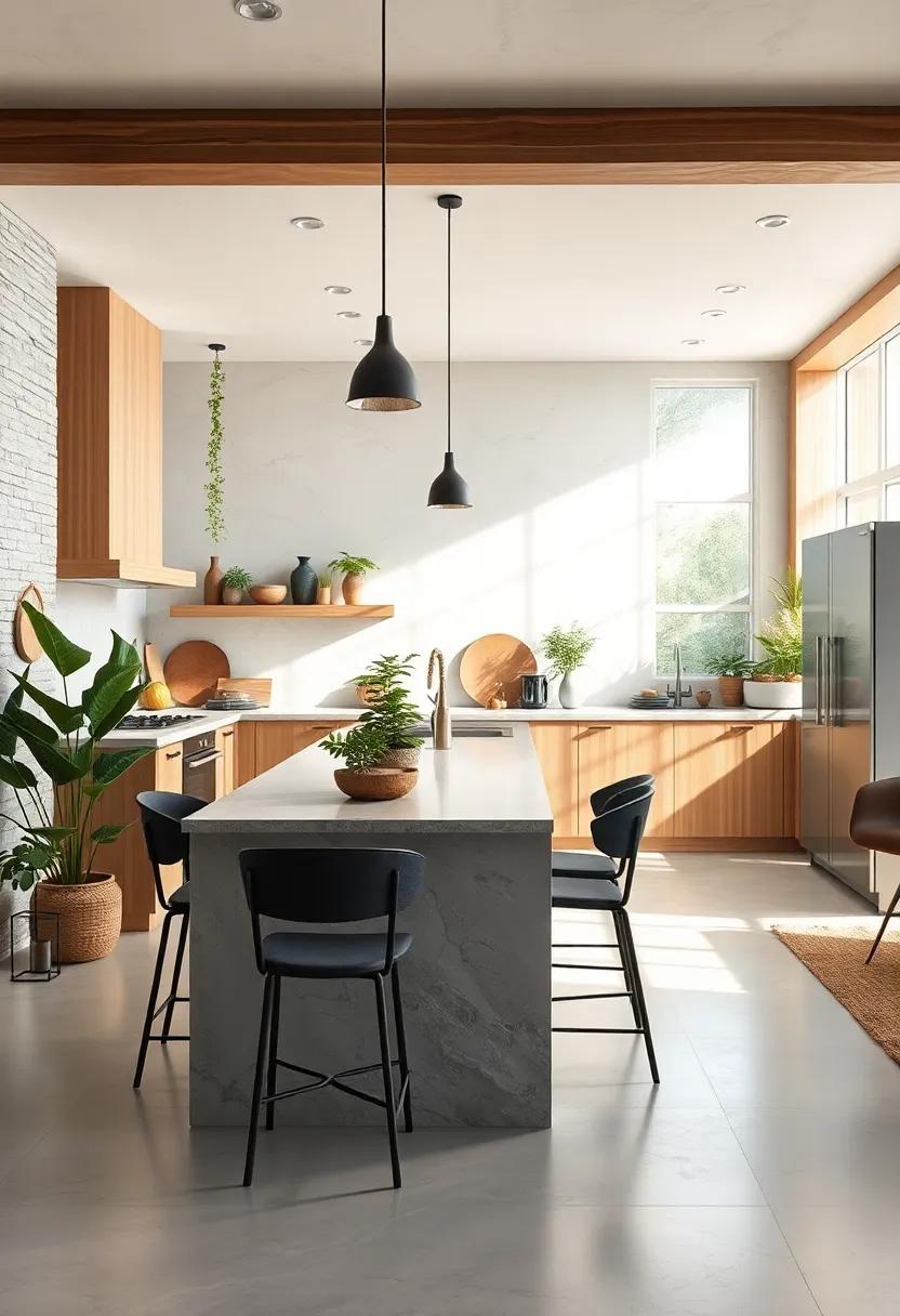 Nature Inspired Kitchen Layouts Featuring Flowing Wooden Elements and Lush Greenery