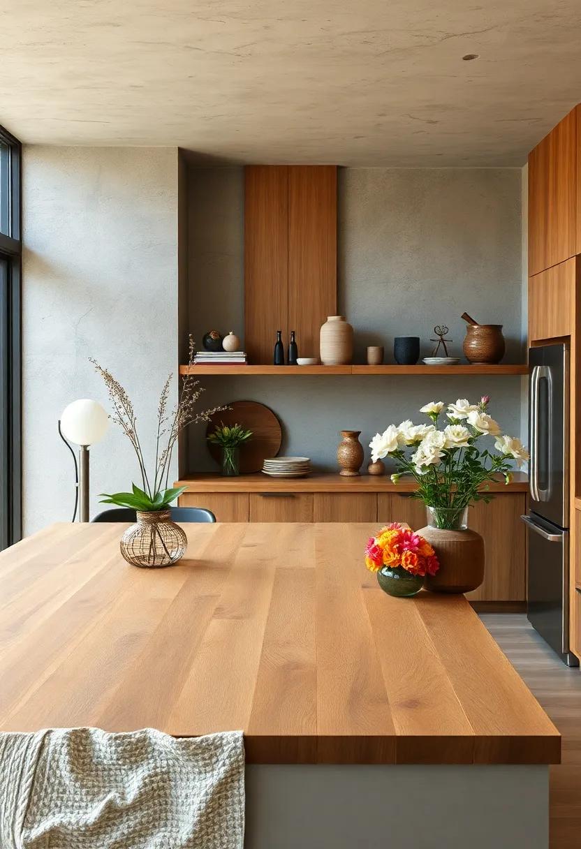 Organic Wooden Countertops Paired with Earthy Textured Walls and Wildflower Arrangements