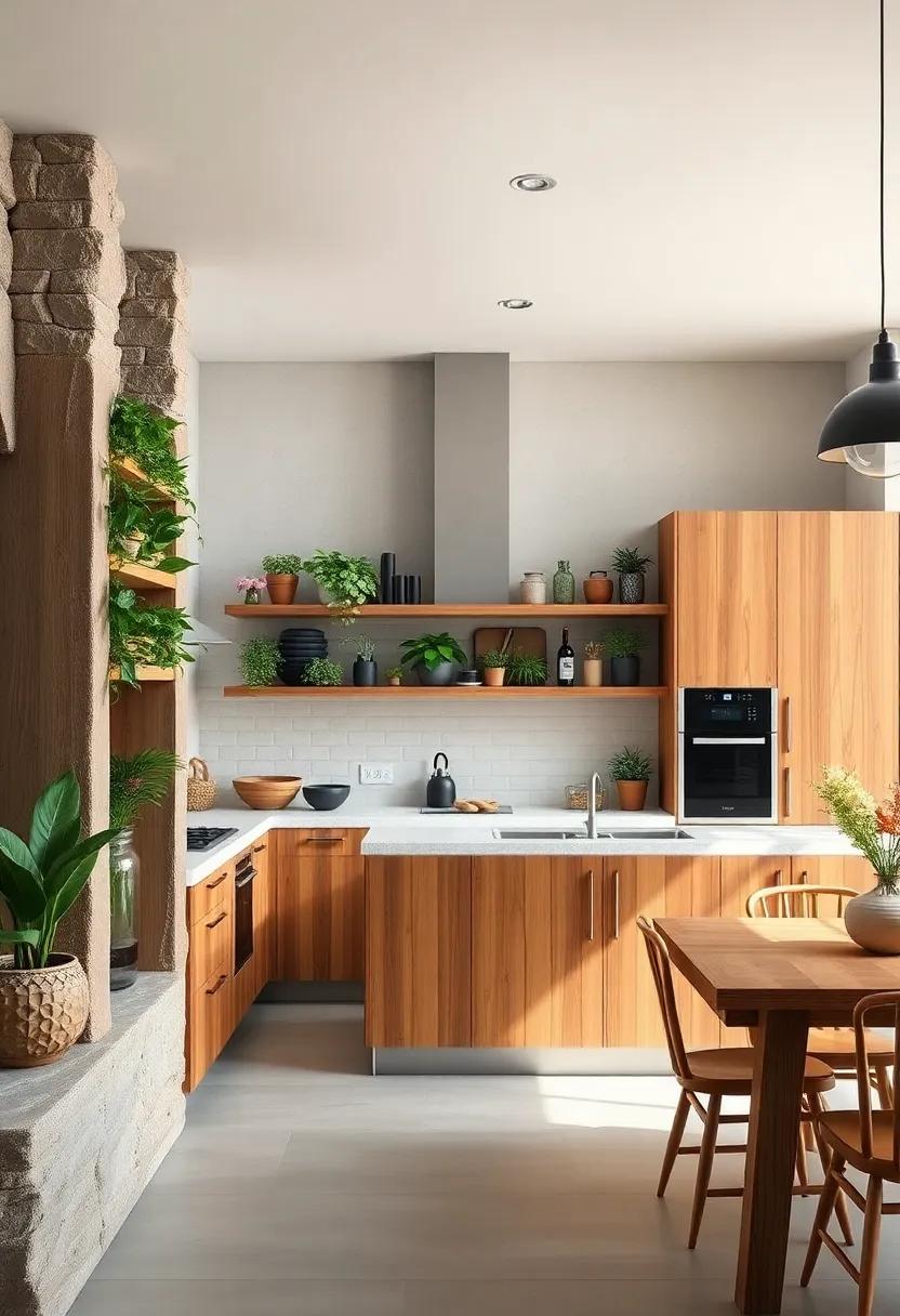 Rustic Wooden Cabinets Blending Seamlessly with Indoor Plant Walls and Natural Stone