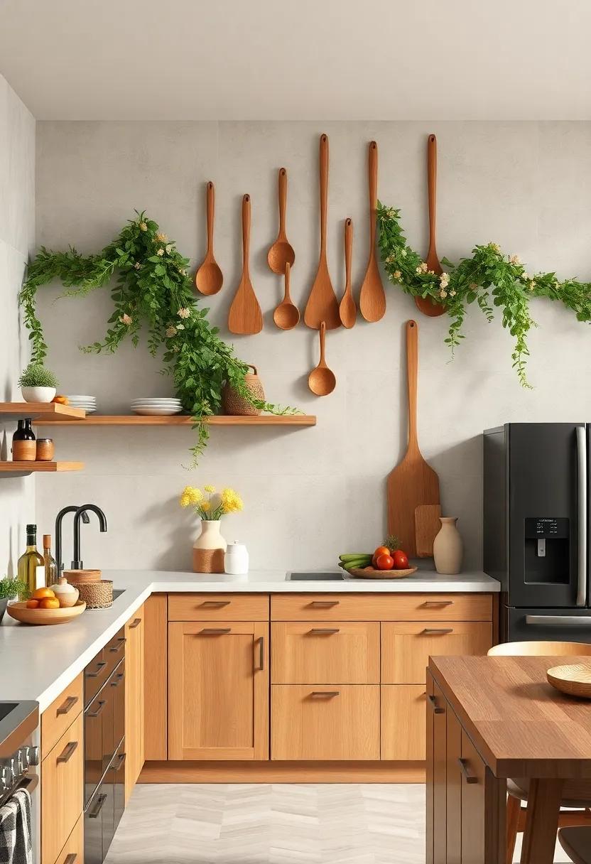 Sculptural Wooden Utensils Hung on Walls Draped with Fresh Botanical Garlands