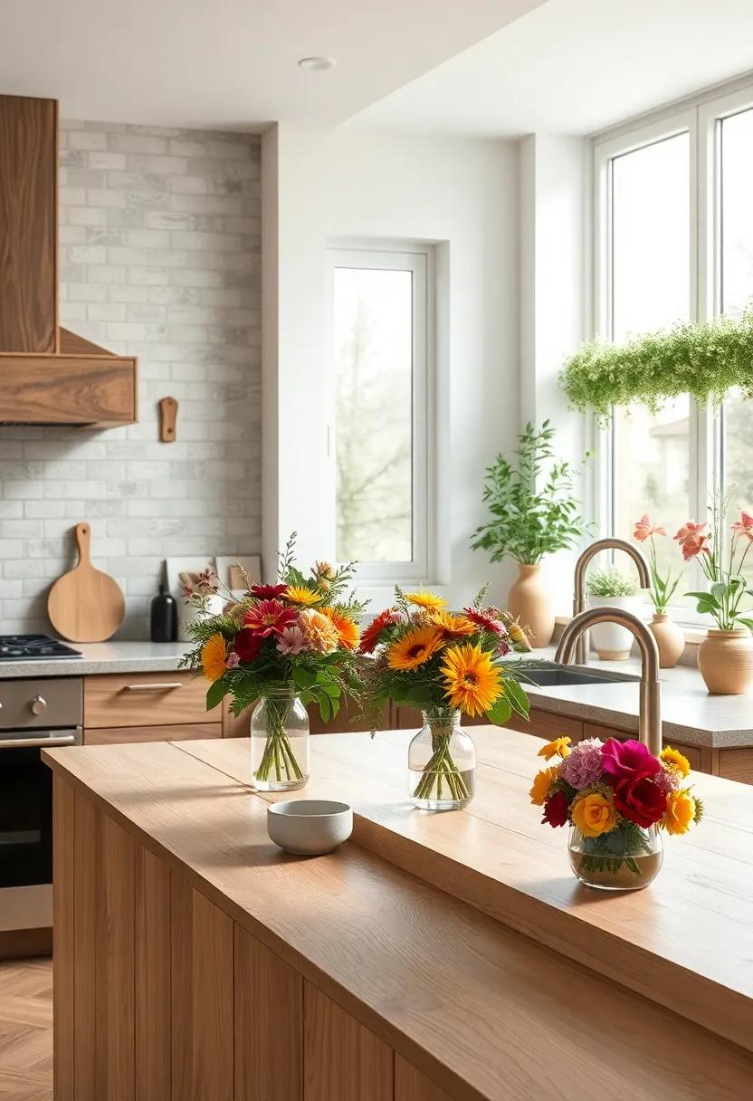Seasonal Flower Bouquets Placed on Soft Oak Surfaces Amidst Herb-Infused Window Sills