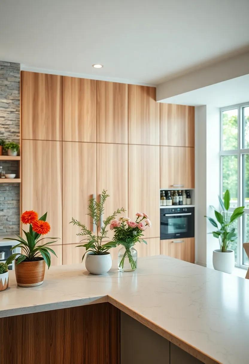 Soft Textured Wooden Pantry Doors Complemented by Potted Plants and Floral Arrangements