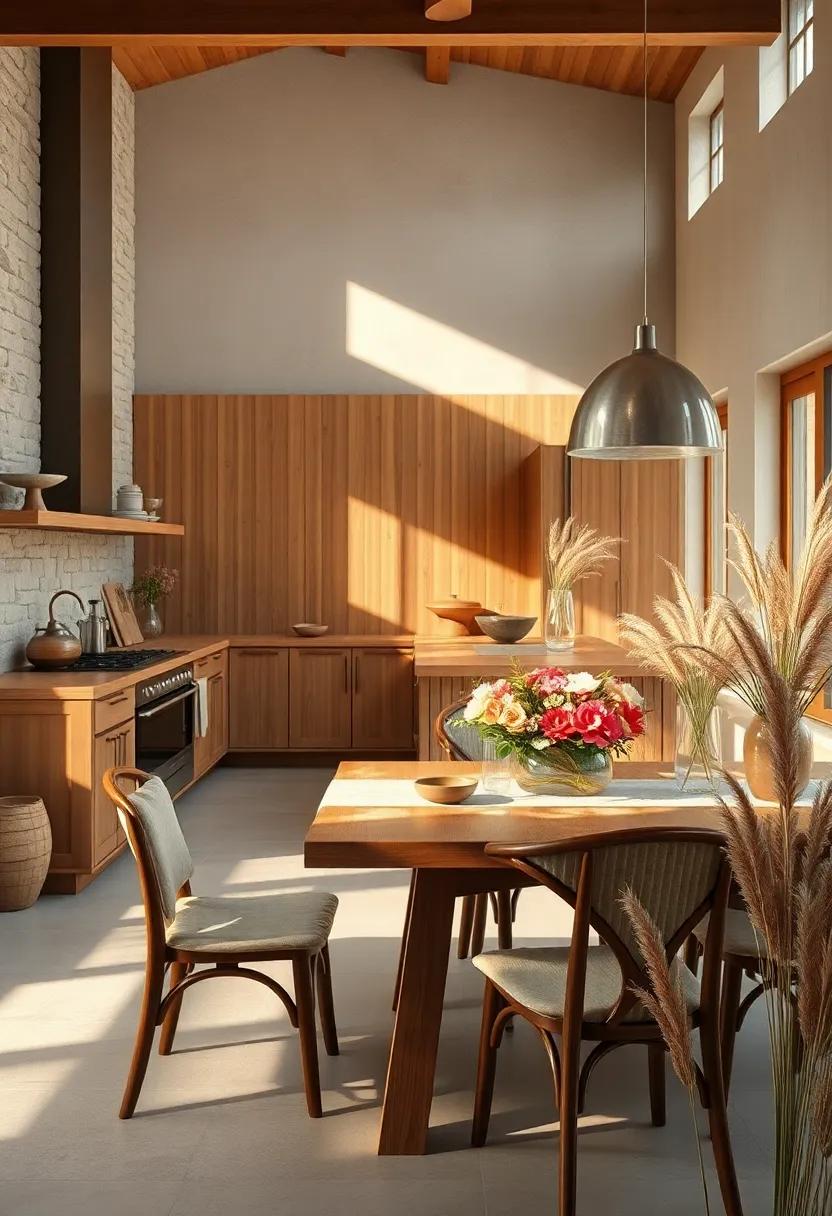 Sun-Kissed Wooden Dining Areas Surrounded by Blooming Flower Arrangements and Wild Grasses