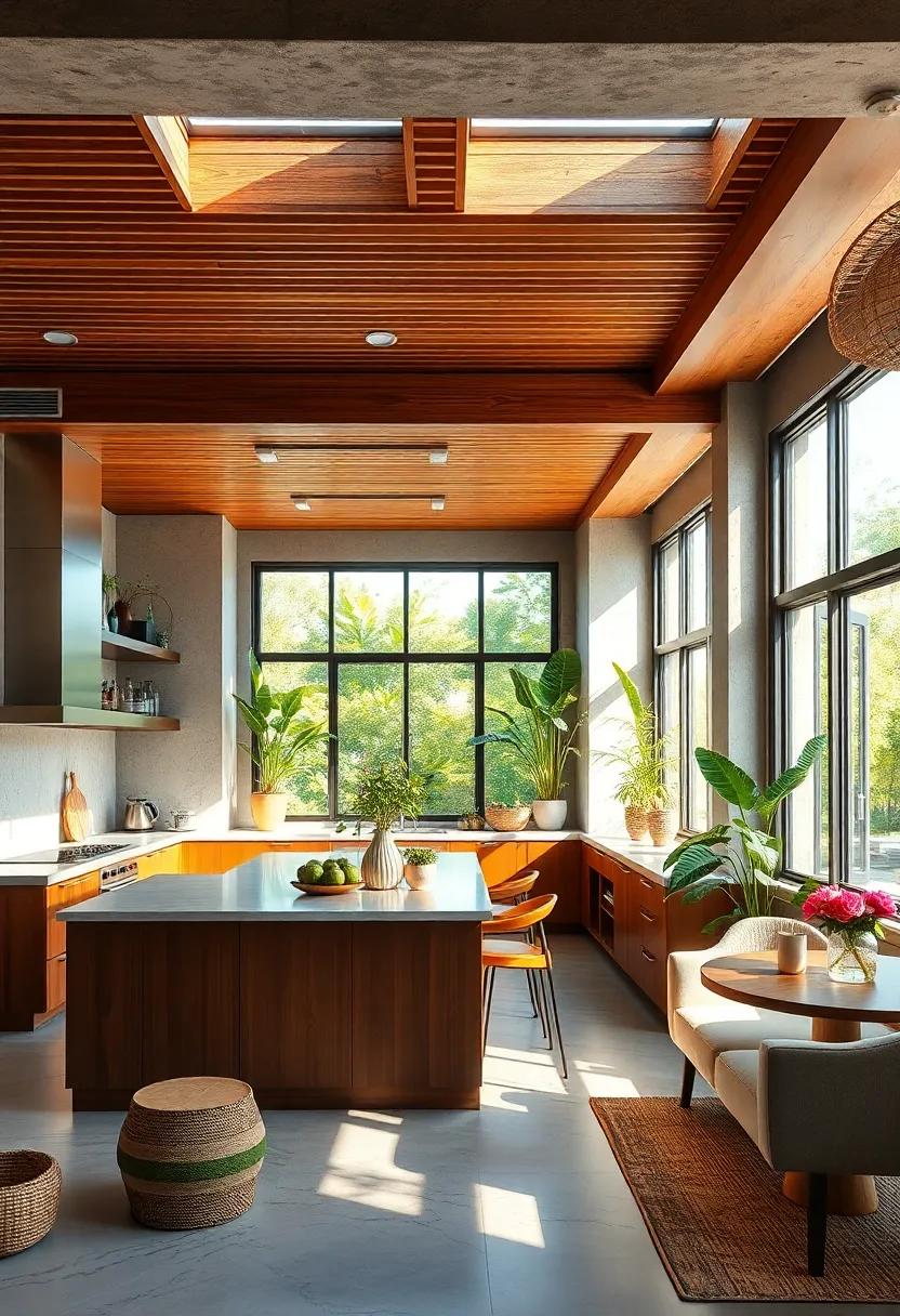 Sunlight Filtering Through Wooden Slat Ceilings Illuminating Biophilic Kitchen Spaces