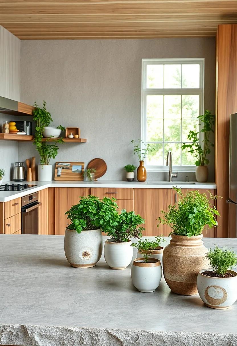 Textural Mixtures of Weathered Oak and Ceramic Pots Overflowing with Fresh Herbs