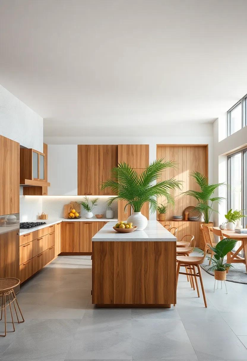 Zen-Inspired Wooden Screens Dividing Bright Kitchens Overflowing with Bamboo and Palm Leaf