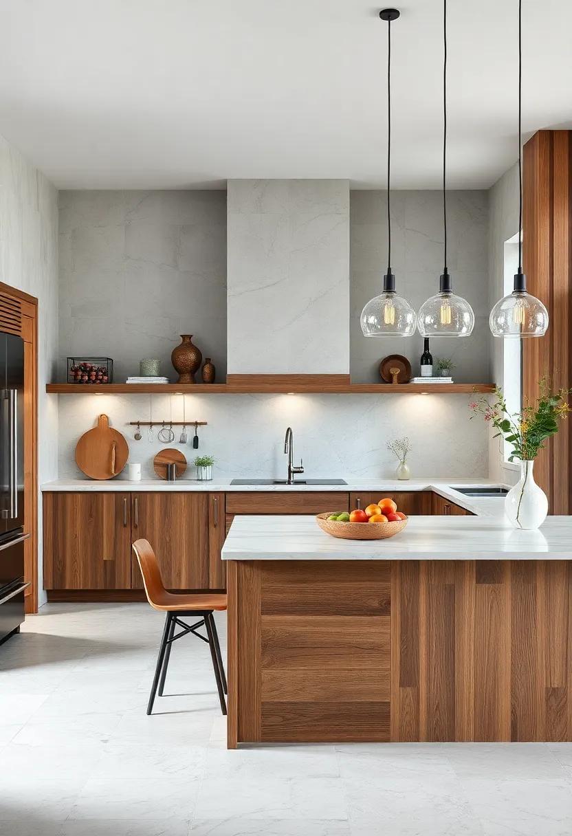 Layering Textures Through Reclaimed Wood Cabinets And Polished Marble Islands To Add Depth And Warmth