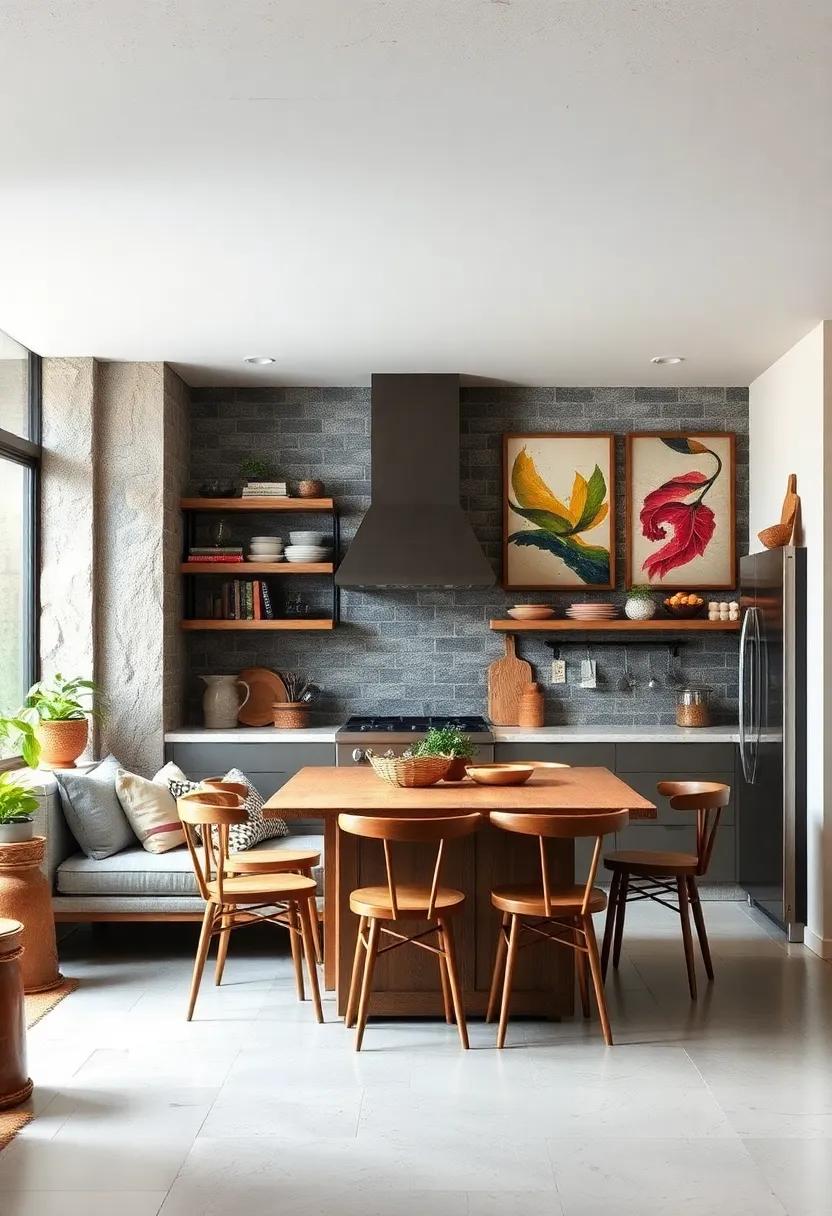 Incorporating Vintage Art Prints And Modern Abstract Canvases To Spark Dialogue On Eclectic Kitchen Walls