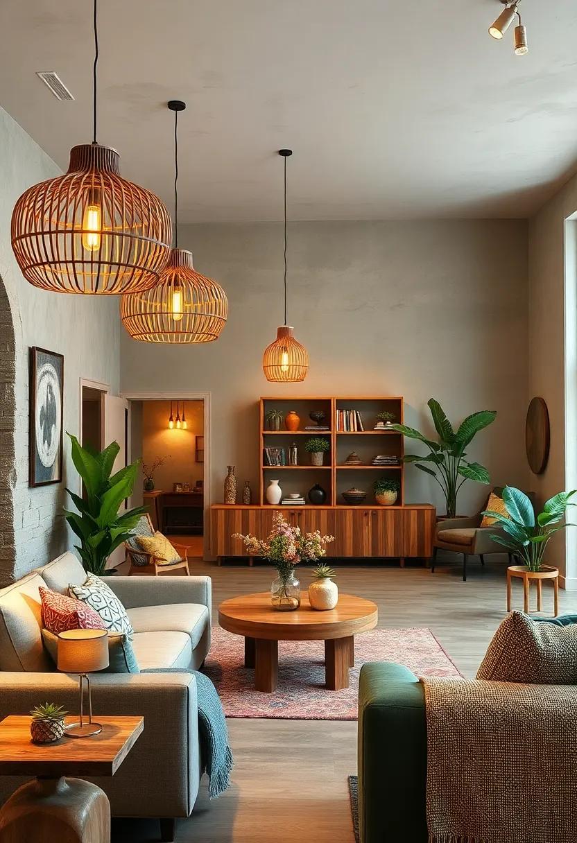 Handcrafted Wooden Lighting Fixtures Casting Ambient Glow in Eclectic Dwellings