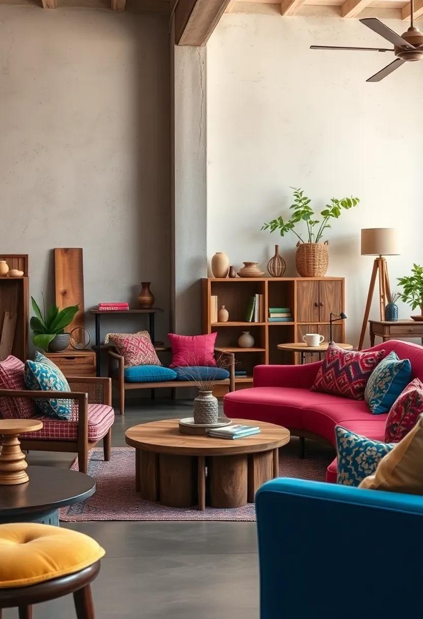 Rustic Wood Furniture Paired with Vibrant Fabrics to Create Playful Eclectic Environments