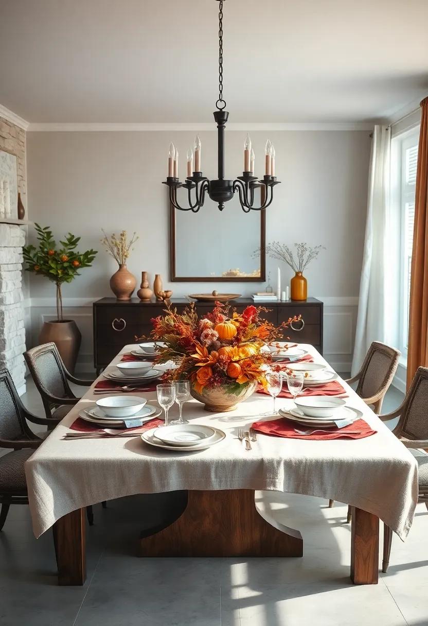 Warm Amber Lighting Casting Soft Shadows Over A Thanksgiving Table Set With Vintage China And Autumnal Centerpieces