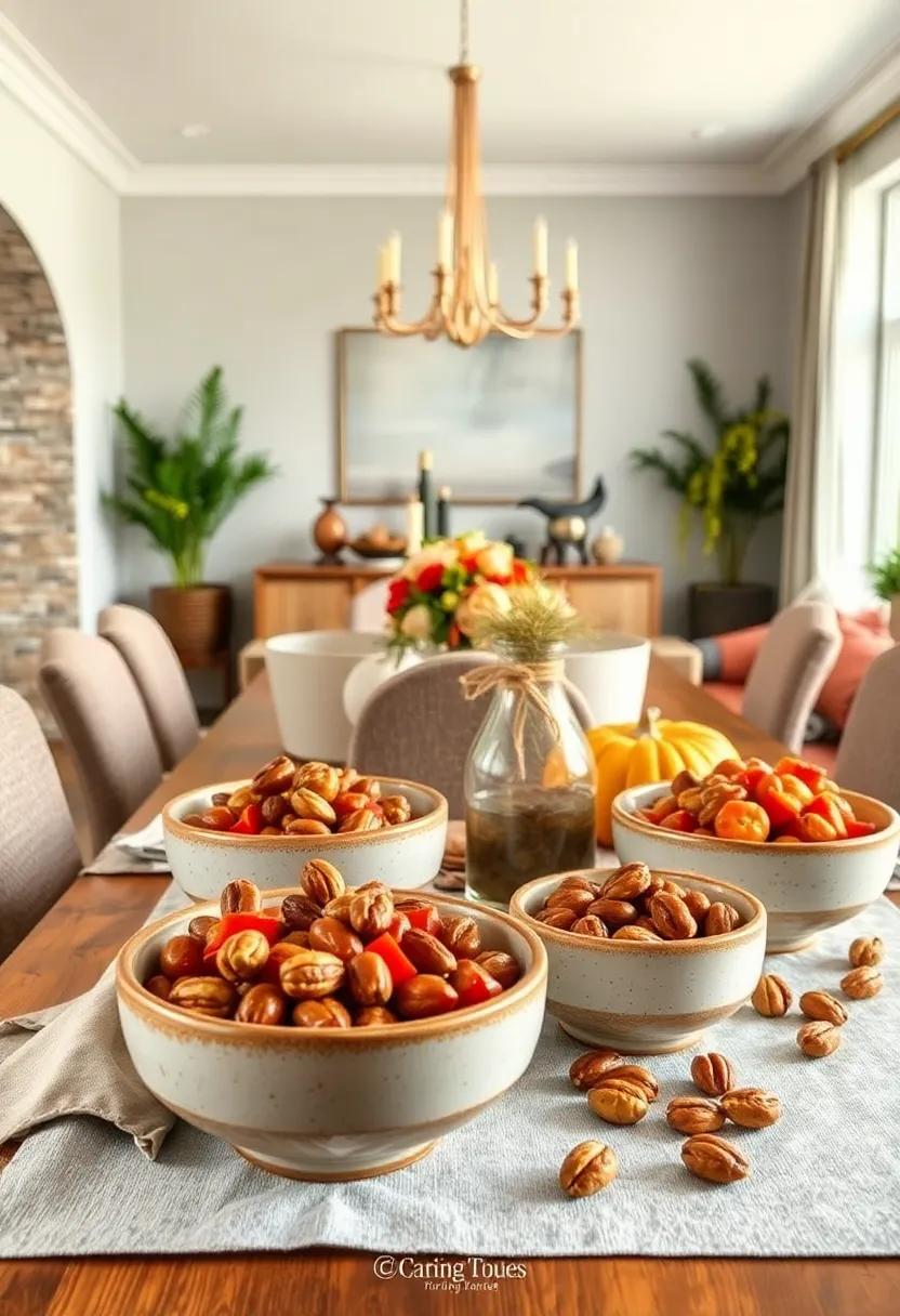 Artisan Pottery Bowls Filled With Cranberry Sauce And Roasting Nuts As Part Of An Inviting Thanksgiving Buffet Display