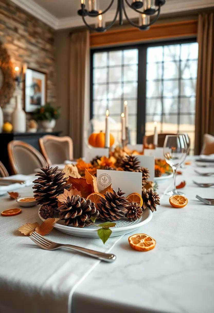 Delicate Autumnal Place Cards Nestled Among Small Pinecones And Dried Citrus Slices On A Thanksgiving Table