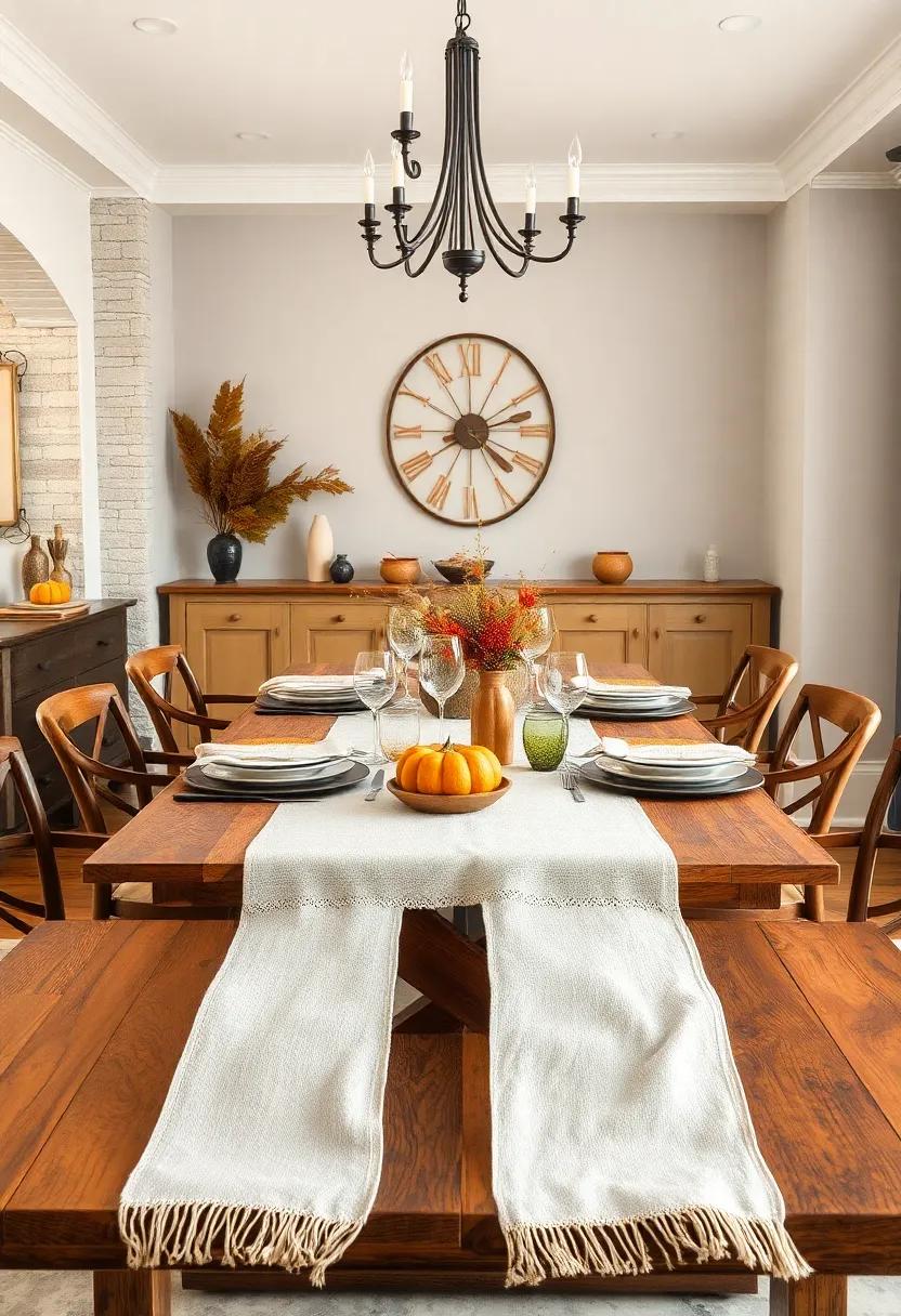 Rustic Wooden Table Adorned With A Handmade Linen Runner And Earth Tone Ceramics For A Cozy Harvest Gathering