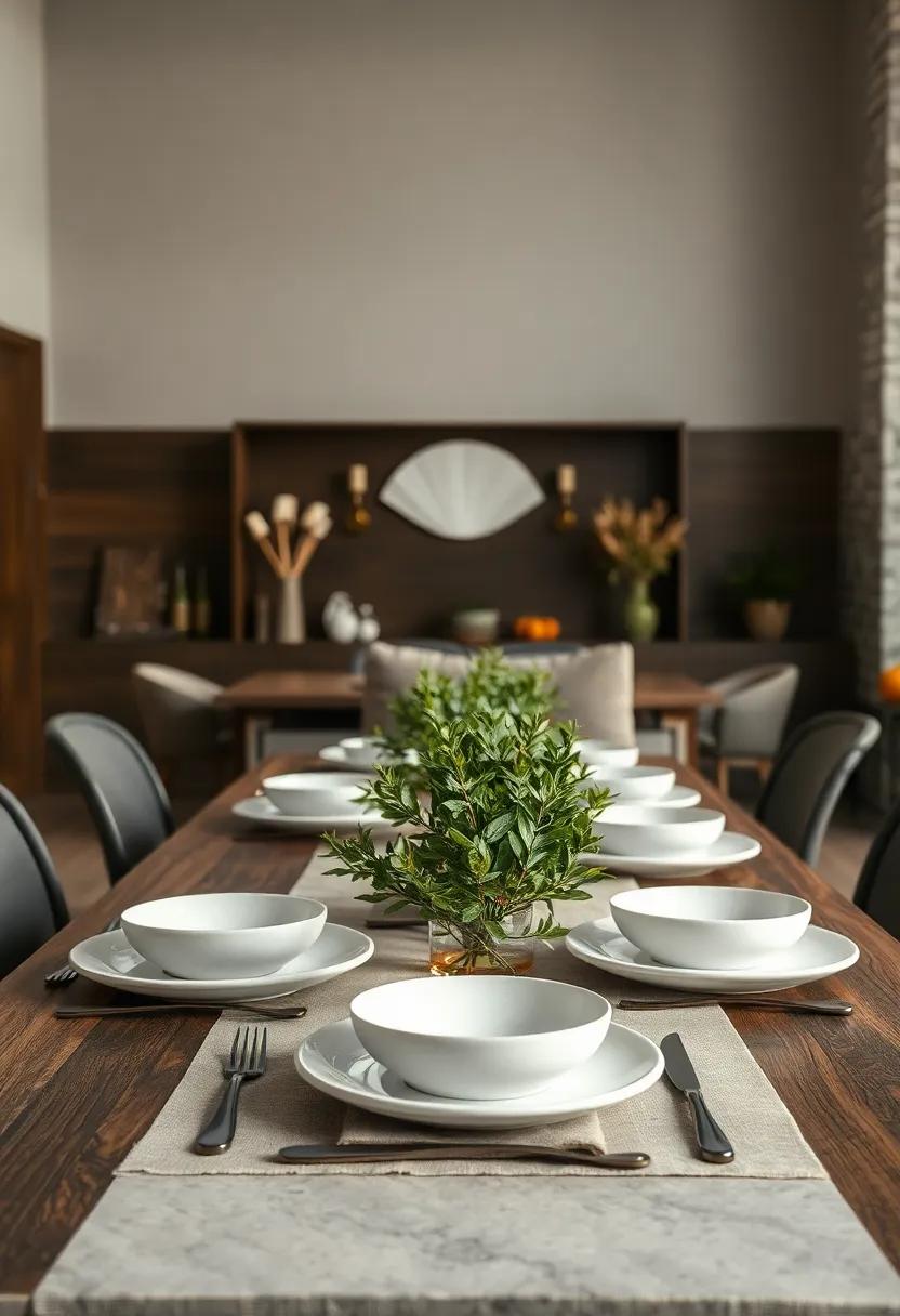 Minimalist White Porcelain Plates Contrasted Against Dark Wooden Surfaces And Sprigs Of Fresh Sage And Thyme