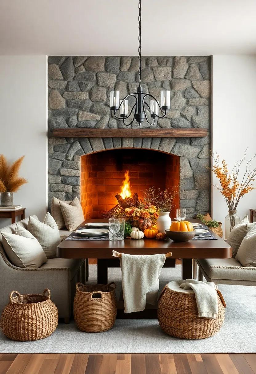 Open Fire In A Stone Hearth Framing A Dining Room Dressed With Soft Pillows And Woven Baskets Of Fall Harvest