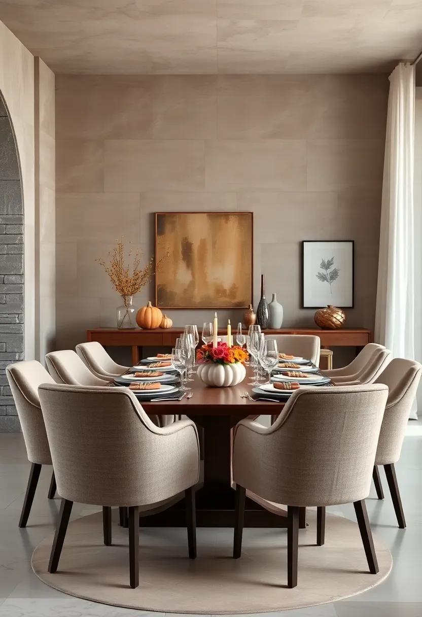 Plush Upholstered Dining Chairs In Muted Tones Surrounding A Table Set For A Festive Yet Refined Celebration
