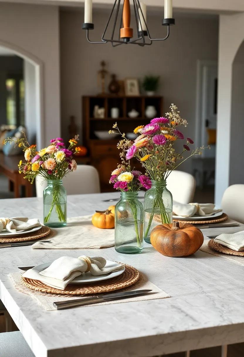 Natural Linen Placemats Paired With Hand-Carved Wooden Serving Utensils And Mason Jar Centerpieces Of Wildflowers