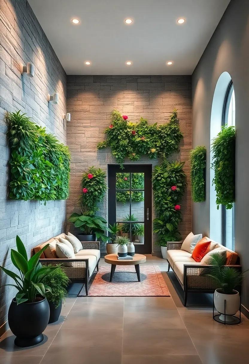 The Art of Vertical Gardens Combining Symmetry and Wild Growth to Form a Living Picture on Entryway Walls