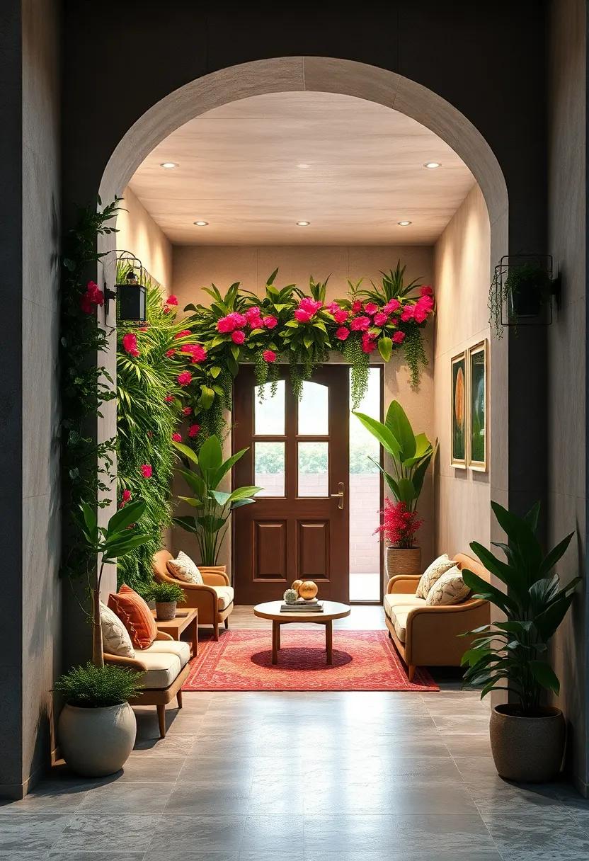 A Cozy Urban Oasis With Vertical Gardens Blending Tropical Foliage and Bright Blossoms Around a Chic Doorway