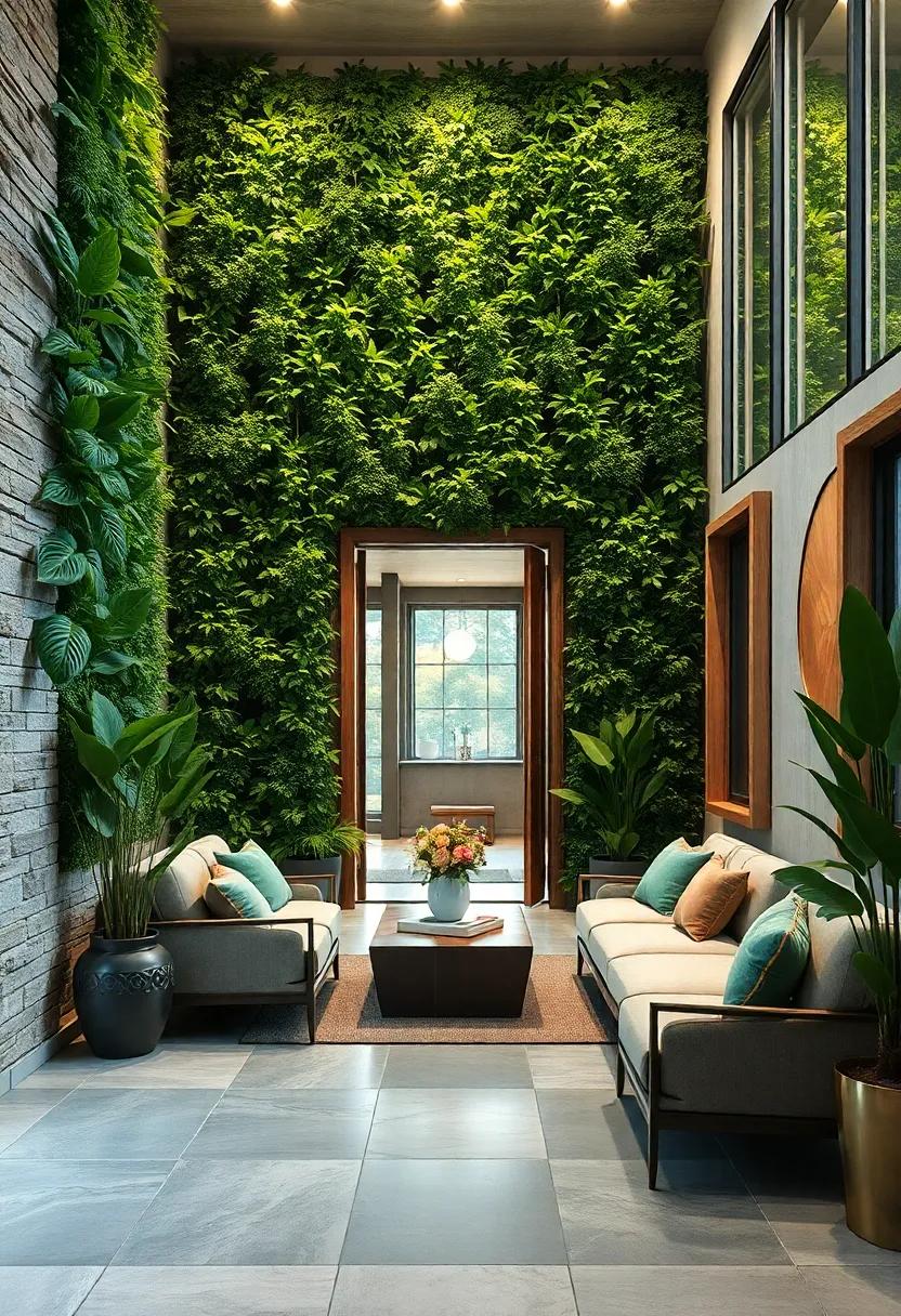 Dramatic Height and Depth Achieved Through Layered Vertical Greenery and Rustic Wooden Frames at Your Entryway