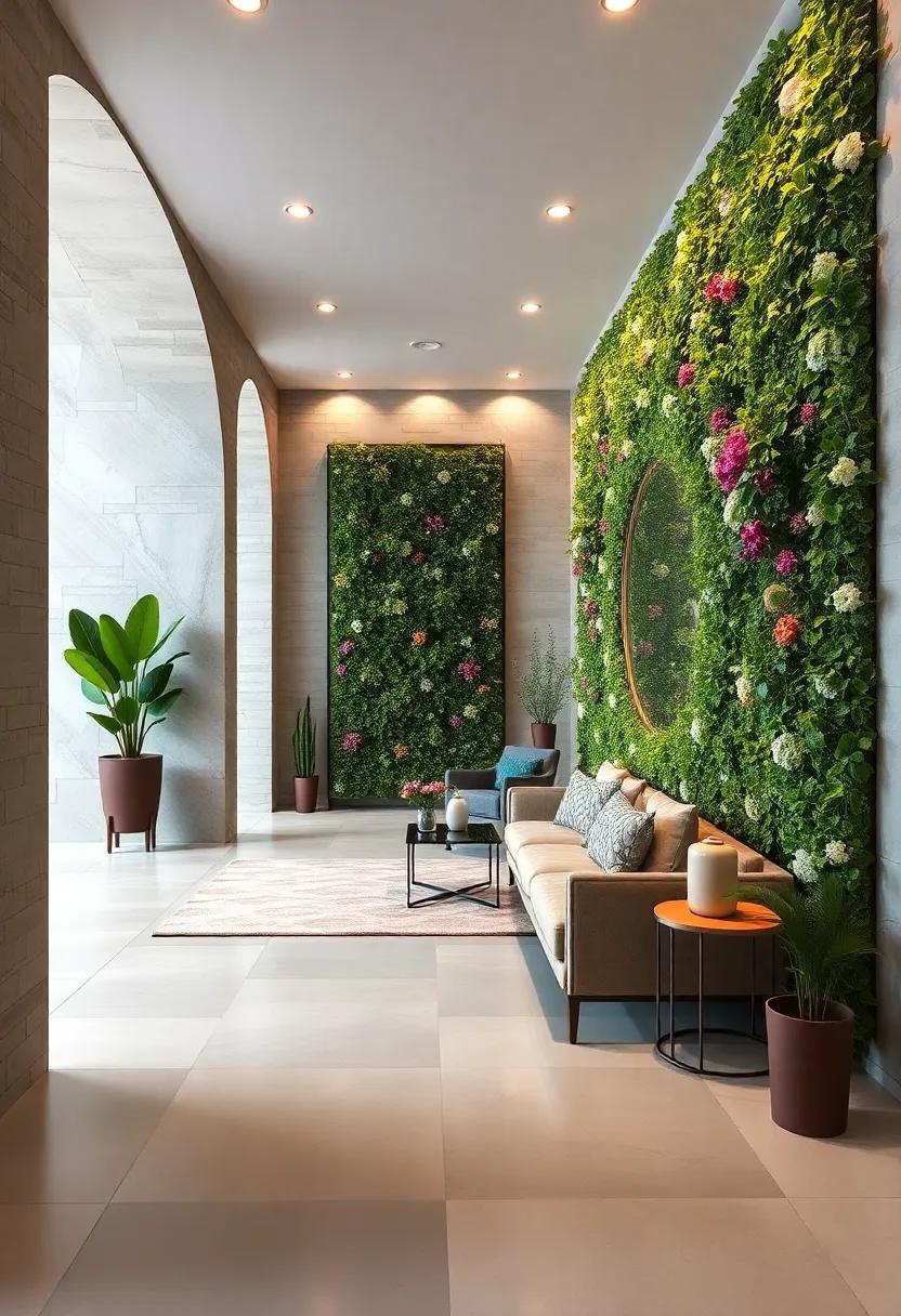 Entryway Elegance Enhanced by Vertical Green Walls Featuring Seasonal Blooms and Delicate Climbing Plants