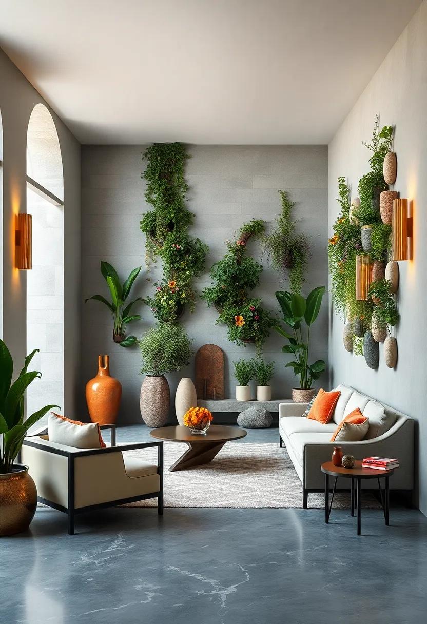 A Harmonious Entryway Scene With Vertical Gardens Interspersed With Sculptural Elements and Natural Stone Features