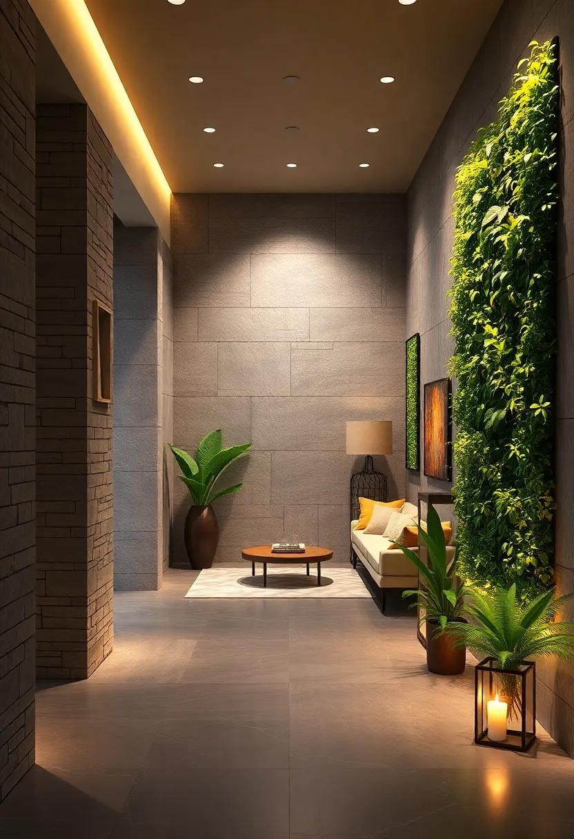 Soft Ambient Lighting Highlighting the Organic Textures and Diverse Greens of a Vertical Garden in an Entryway
