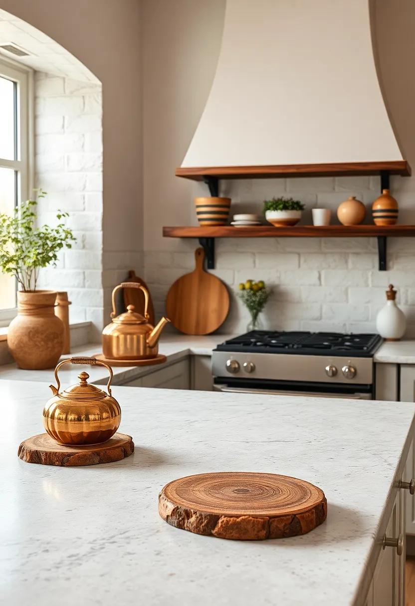Natural Stone Countertops Complemented by Antique Copper Kettles and Wooden Trivets