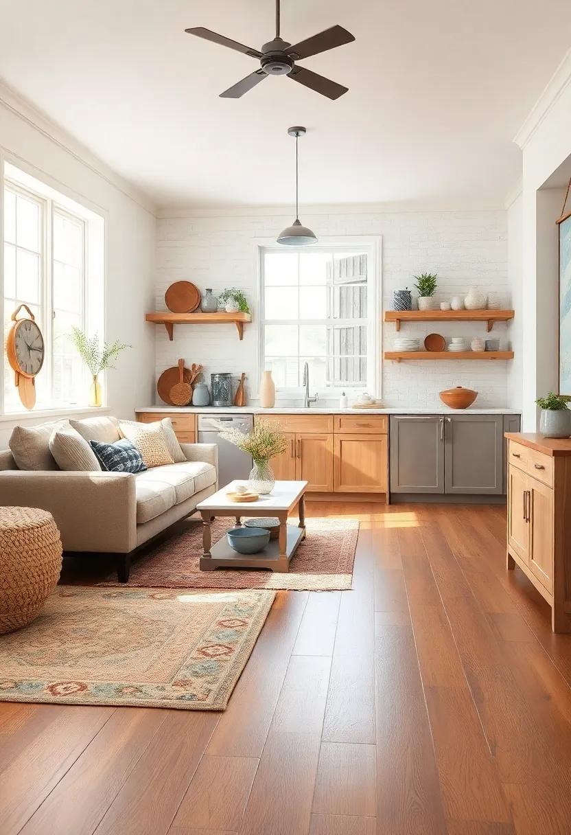 Neutral Toned Farmhouse Rugs Layered Over Wide Plank Hardwood Floors in Sunlit Spaces