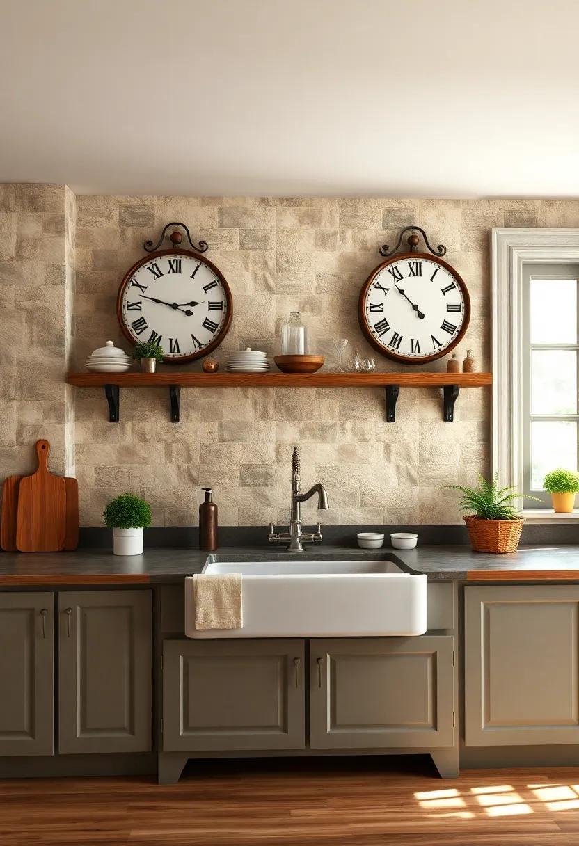 Quaint Farmhouse Clocks with Roman Numerals Hanging Above a Vintage Farm Sink