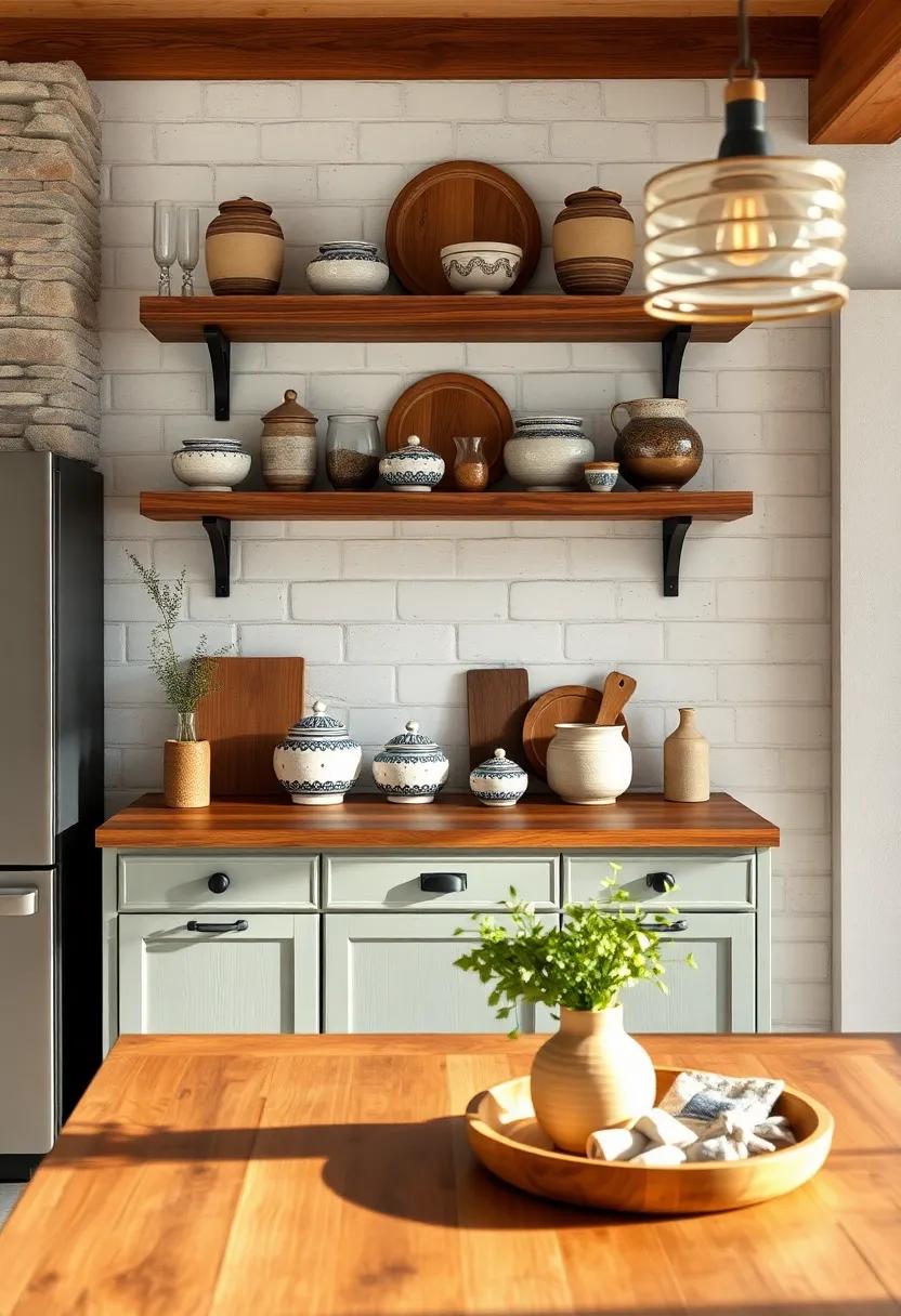 Reclaimed Wood Shelving Displaying Hand-Thrown Pottery Against Shiplap Walls