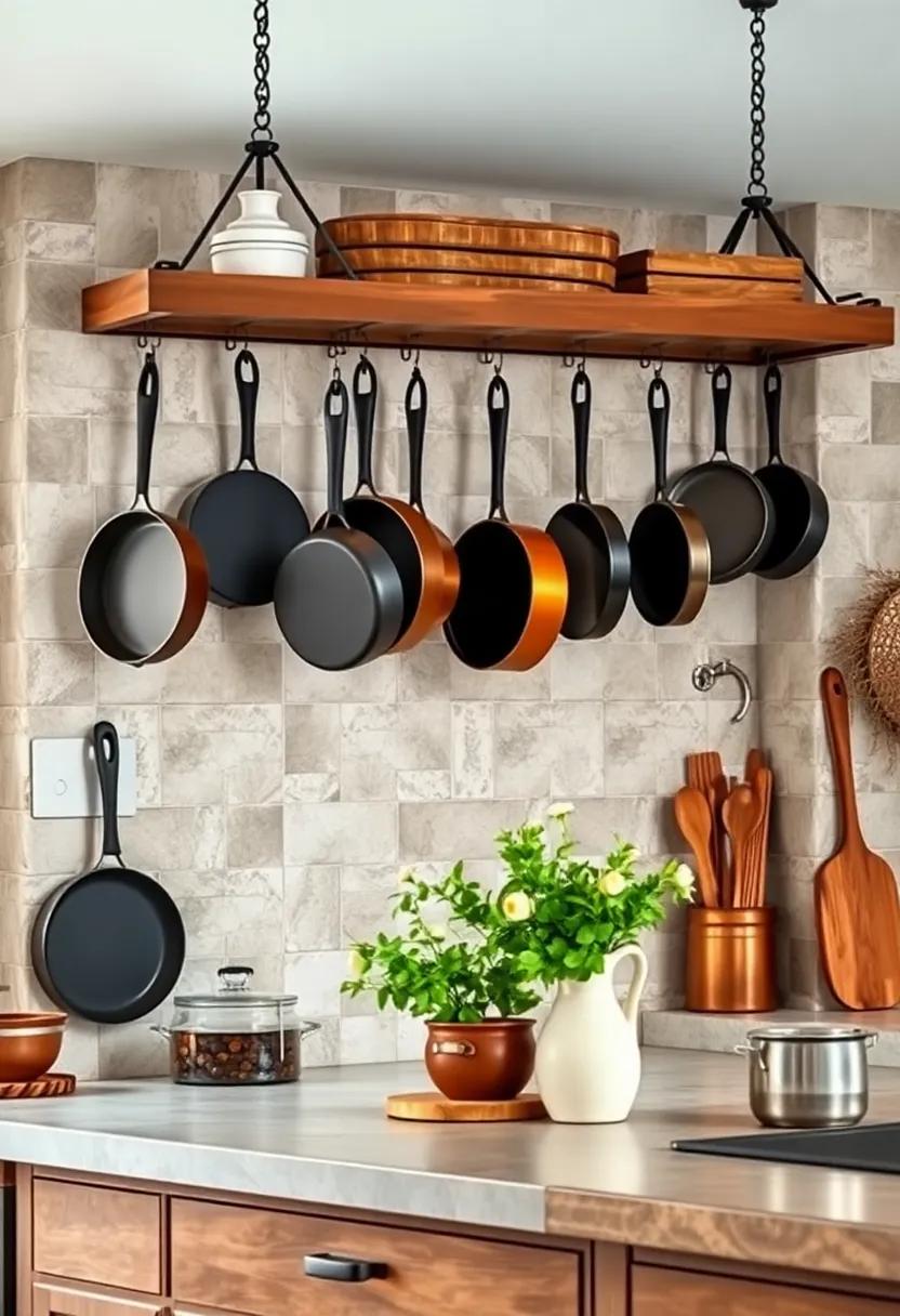 Rustic Iron Pot Racks Hanging Heavy With Cast Iron Skillets and Copper Pans
