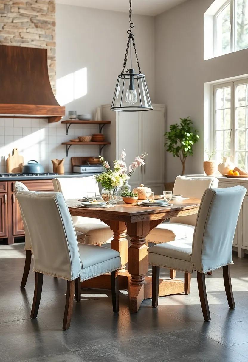 Slipcovered Dining Chairs Around a Reclaimed Wood Farmhouse Table in Natural Light