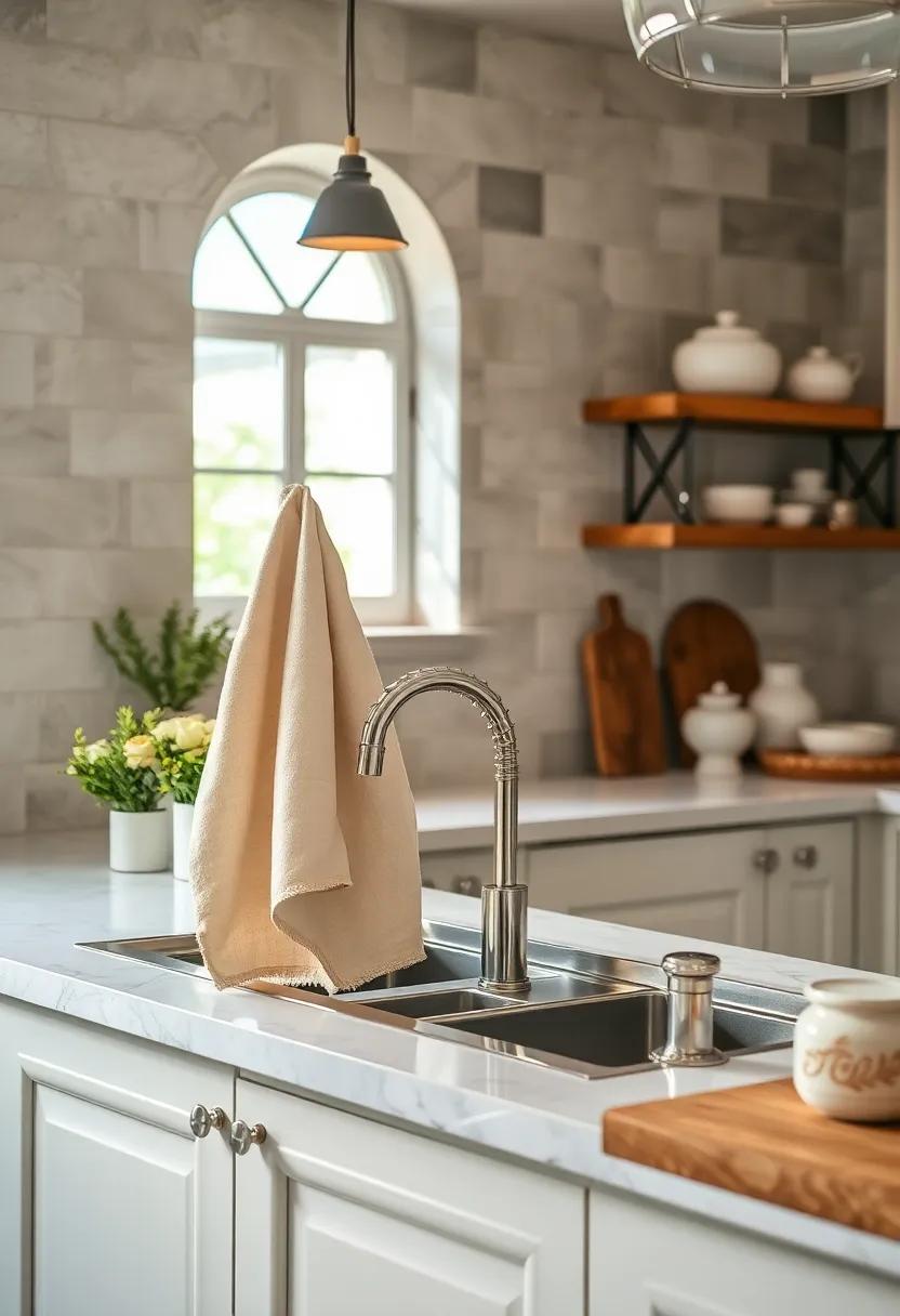 Soft Linen Dish Towels Draped Elegantly Over Farmhouse Sink Fixtures