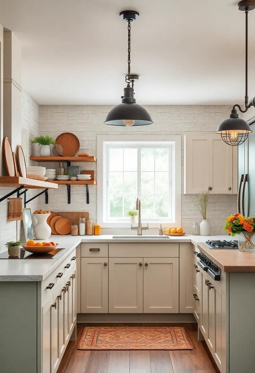 Soft Pastel Painted Cabinets Contrasting with Industrial Metal Farmhouse Lighting