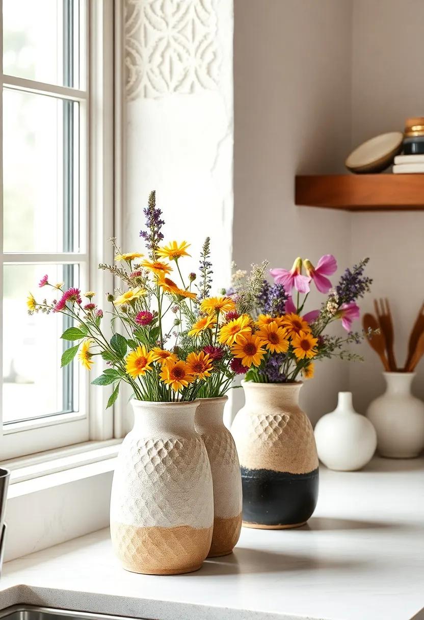 Textured Ceramic Pitchers Filled with Wildflowers Sitting Beside a Farmhouse Window