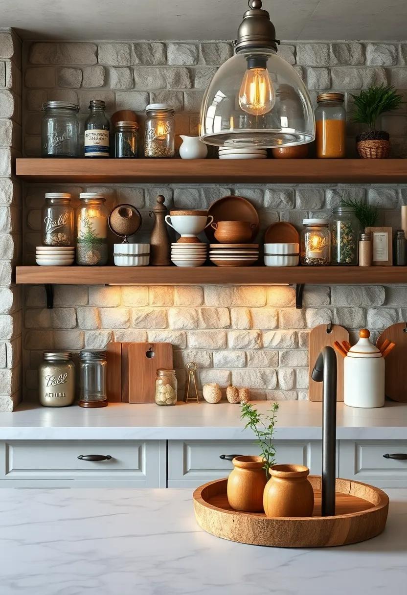 The Warm Glow of Vintage Mason Jars Brightening Rustic Farmhouse Kitchen Shelves
