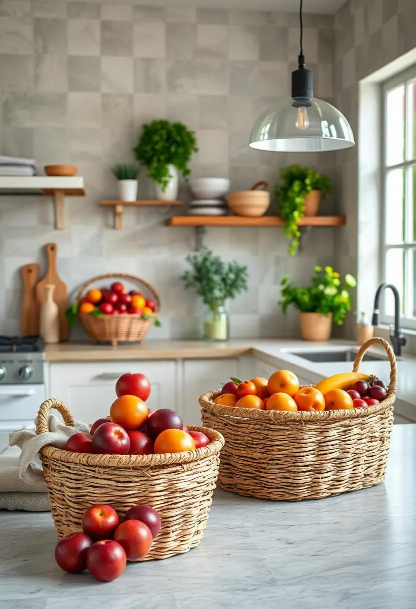 Woven Baskets Overflowing with Fresh Fruits Echoing Cozy Country Kitchen Vibes