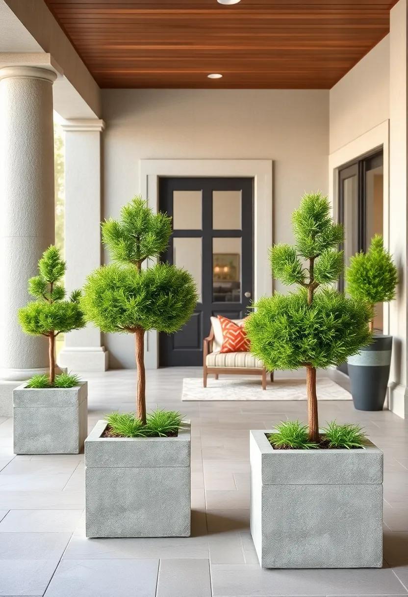 Miniature Tree Topiaries Carefully Pruned In Stone Planter Boxes For A Sophisticated Curbside Presence