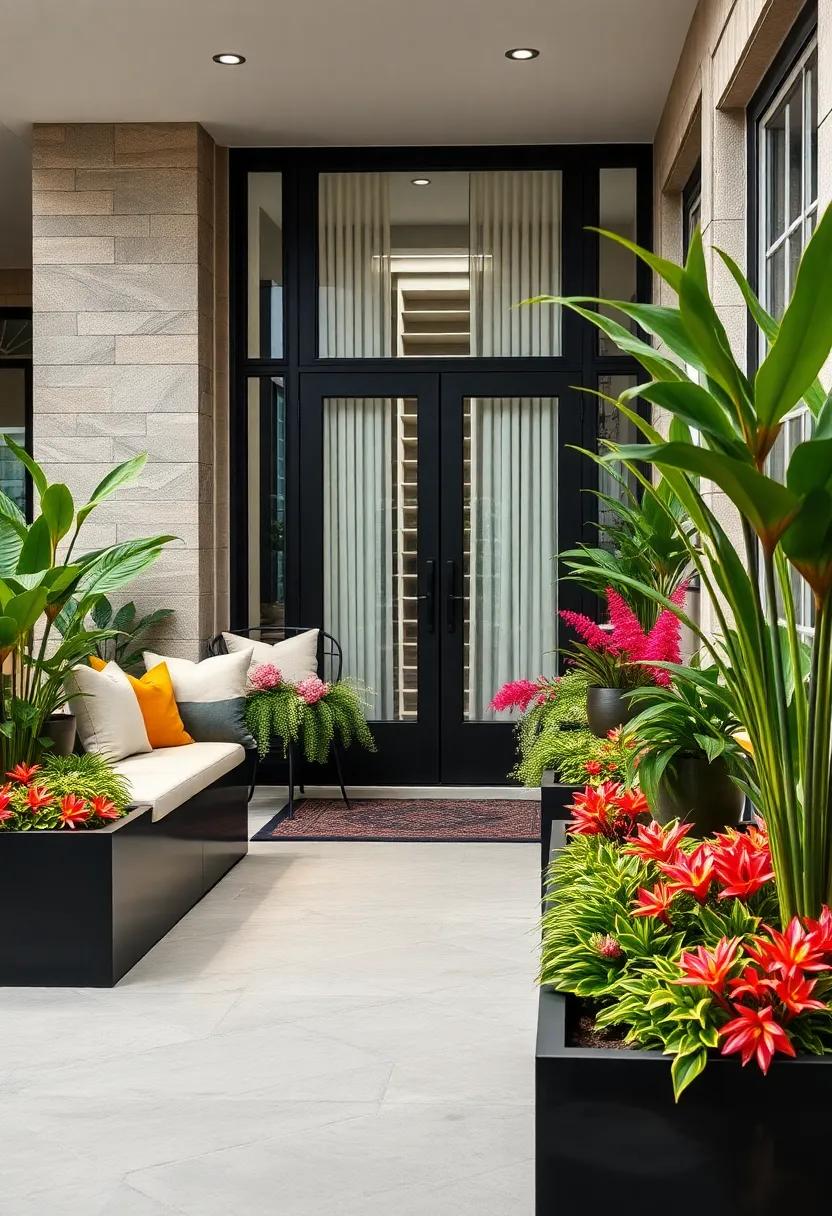 Dramatic Black Planters Filled With Contrasting Neon Foliage For A Bold Architectural Statement