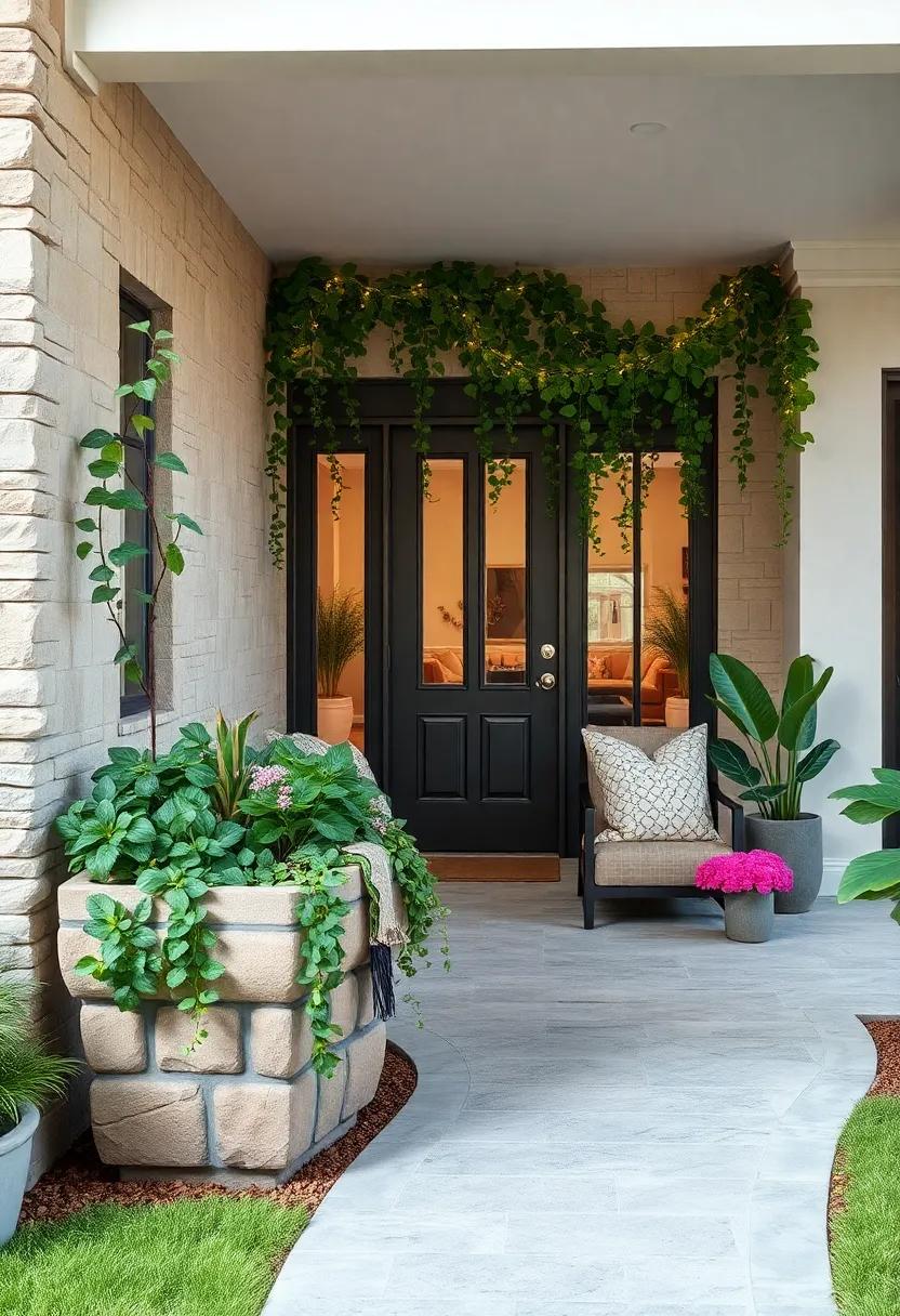 Asymmetrical Planter Shapes With Cascading Ivy Creating Dynamic Greenery Flow By The Walkway