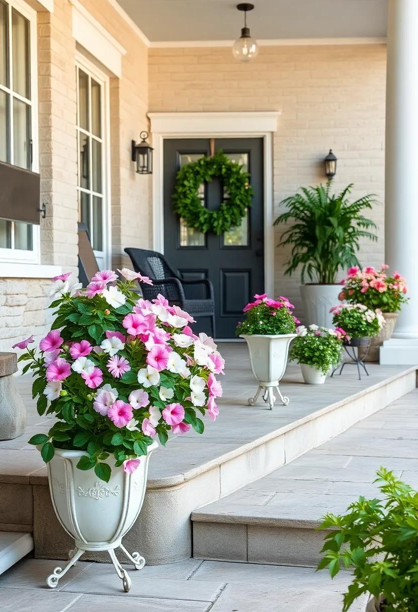 Soft Pastel Petunias Overflowing From Vintage Cast Iron Planter Boxes Along Front Porch Steps