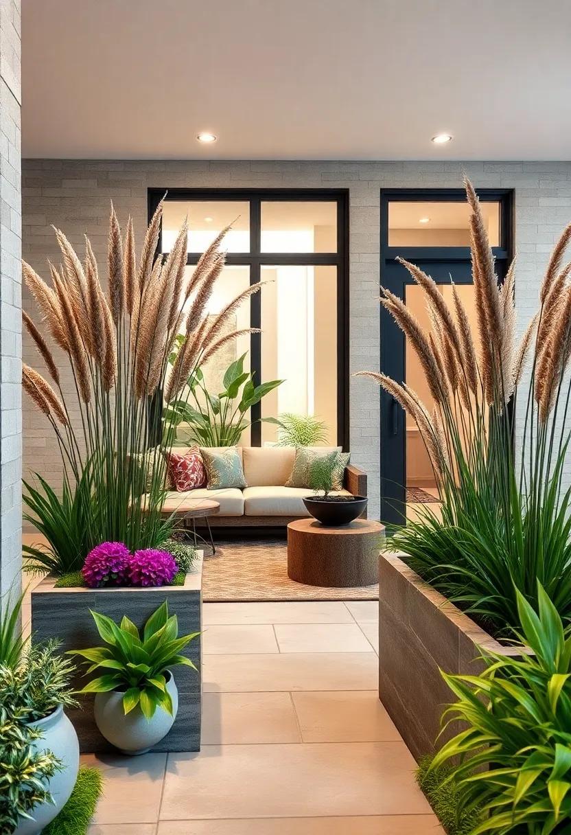 Tall Grasses And Tall Narrow Planters Creating Vertical Interest And Movement In Your Front Yard