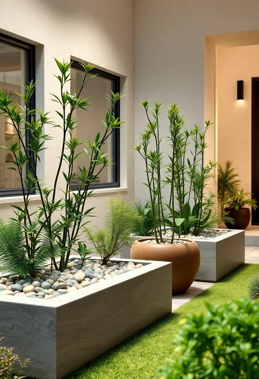 Zen Garden Inspired Planter Boxes Featuring Smooth Pebbles And Serene Bamboo Shoots For Calmness