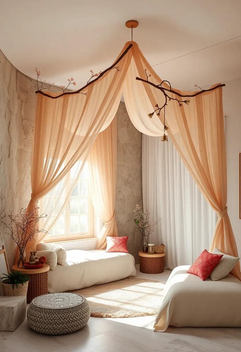 Gossamer Draped Canopies with Silk Ribbons and Bell Blossoms Designed to Evoke a Fantasy Forest Hideaway