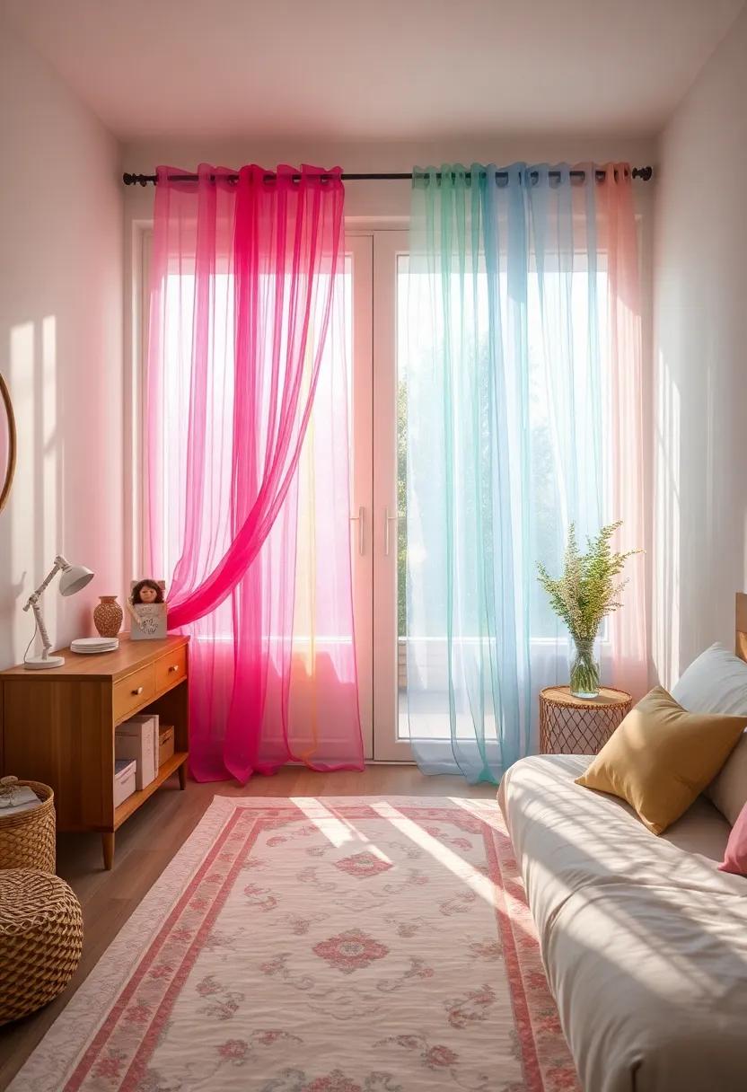 Colorful Tulle Curtains Flowing Over Windows with Tiny Crystal Drops Reflecting Sunlight Gracefully