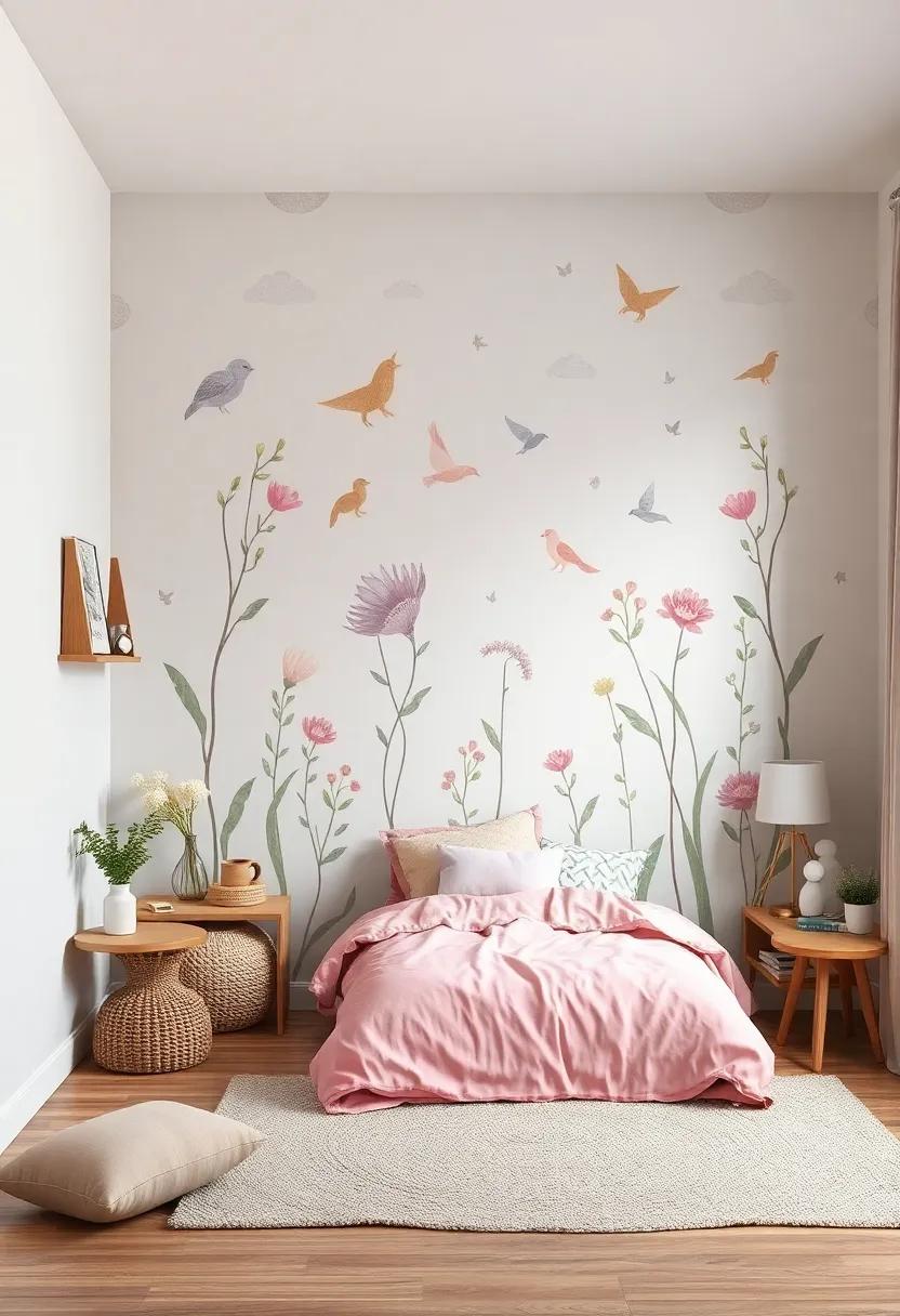 Fantasy-Inspired Wall Decals of Woodland Creatures and Magical Plants in Muted, Dreamlike Shades